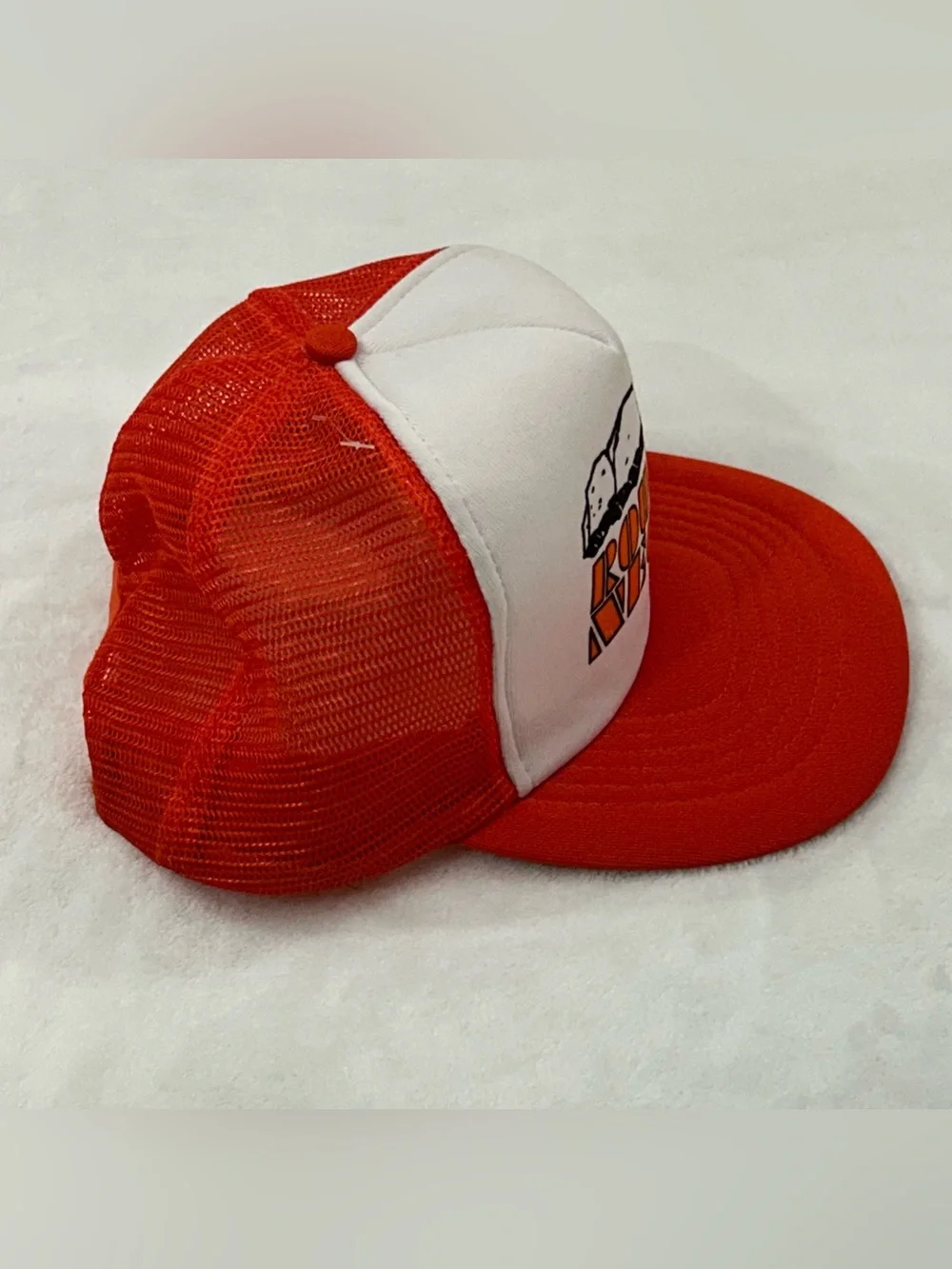 Vintage Capital 80s Rough Neck Cave Man Orange MeshBack SnapBack Trucker Hat Cap